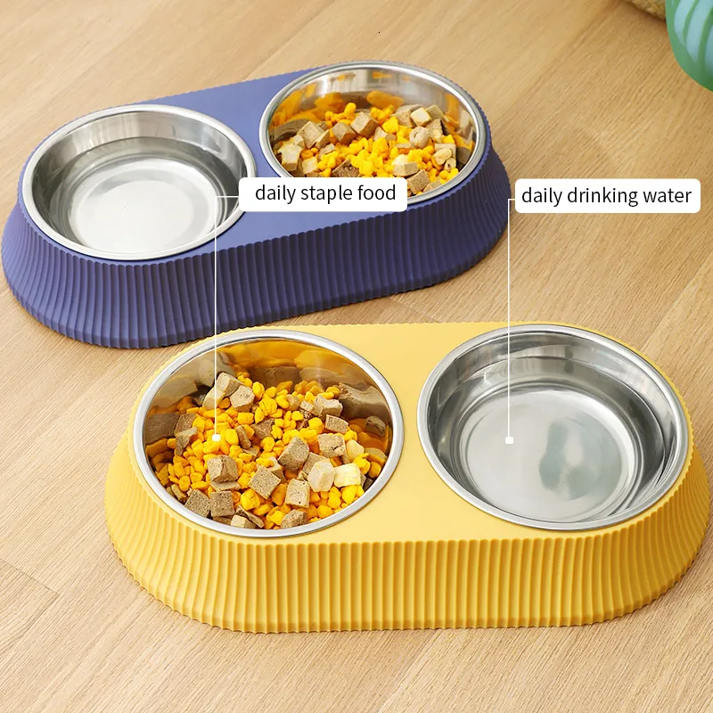 Dog Bowls Feeders Roman Grain Stainless Steel Cat Bowl Square Round Double Pet Water Food Feeder Kit Kitten Feeding Accessories 230307