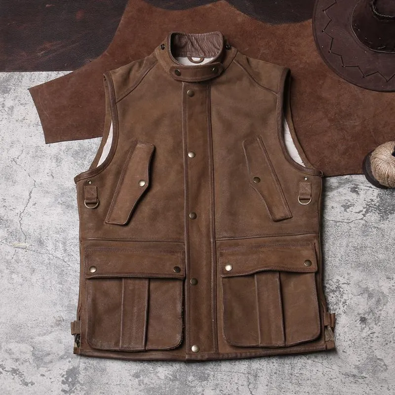 Men's Vests 2023 Vintage Brown Safari Style Genuine Leather Vest Men Plus Size 4XL Real Natural Thick Cowhide Spring Slim Fit Short Coat