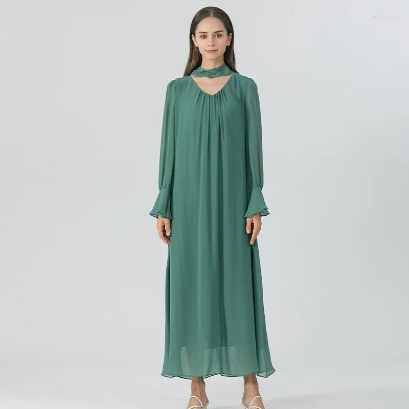 캐주얼 드레스 회색 녹색 이중 레이어 Georgette Silk V-Neck Flared Long Sleeves 여성 Halterneck Loose Dress Autumn AE1706