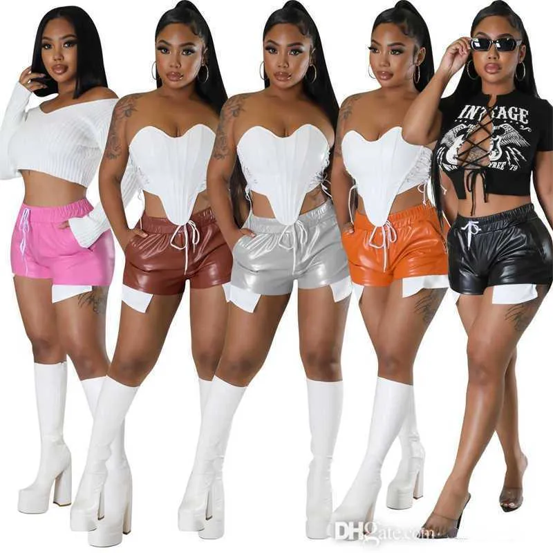 2023 Designer Damen Strap PU Leder Shorts Fashion Lace Up Hohe Taille Tasche Hüfte Strumpfhosen Beiläufige Kurze Hosen