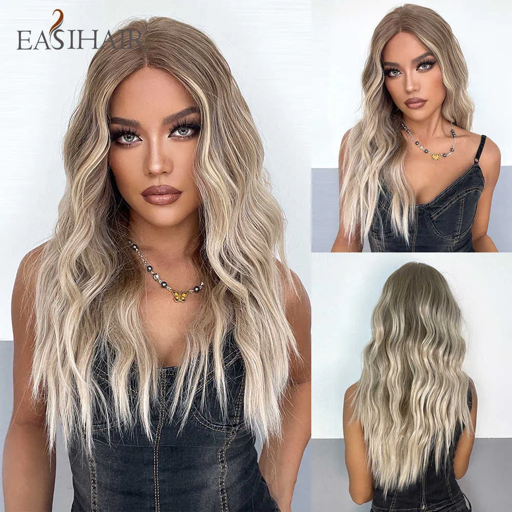 Syntetiska peruker Easihair Long Brown Blonde ombre Syntetiska spetsfront peruker för kvinnor Naturligt hår Frontal Högdensitet Cosplay 230227