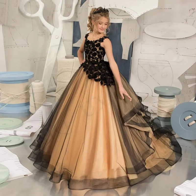 Champagne Aline Long Baby Flower Girl Dress Black Lace Ankle-Length  Sleeveless Ball Gown for Wedding Communion from Dhgate Flower Girls Dresses  - price 73.52