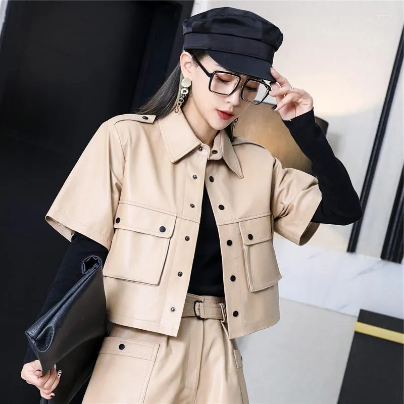 Femmes en cuir 2023 printemps femmes en peau de mouton à manches courtes vestes coréen Slim Cargo vraie veste bureau dame simple boutonnage kaki Ou