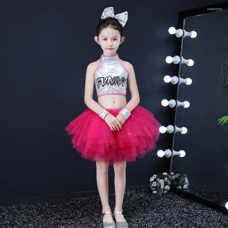 Stage Wear Kids concert kleding lovertjes dansende kleding roze blauw tutu rok meisjes jazzdans kostuum peuter prinsesjurk