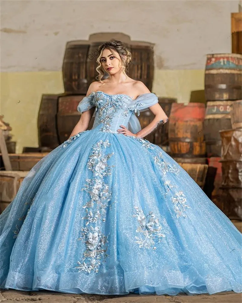 Robe princesse Quinceanera en dentelle bleu ciel pour filles, épaules  dénudées, grande taille, perlée, robes de bal pour fête d'anniversaire, 2023