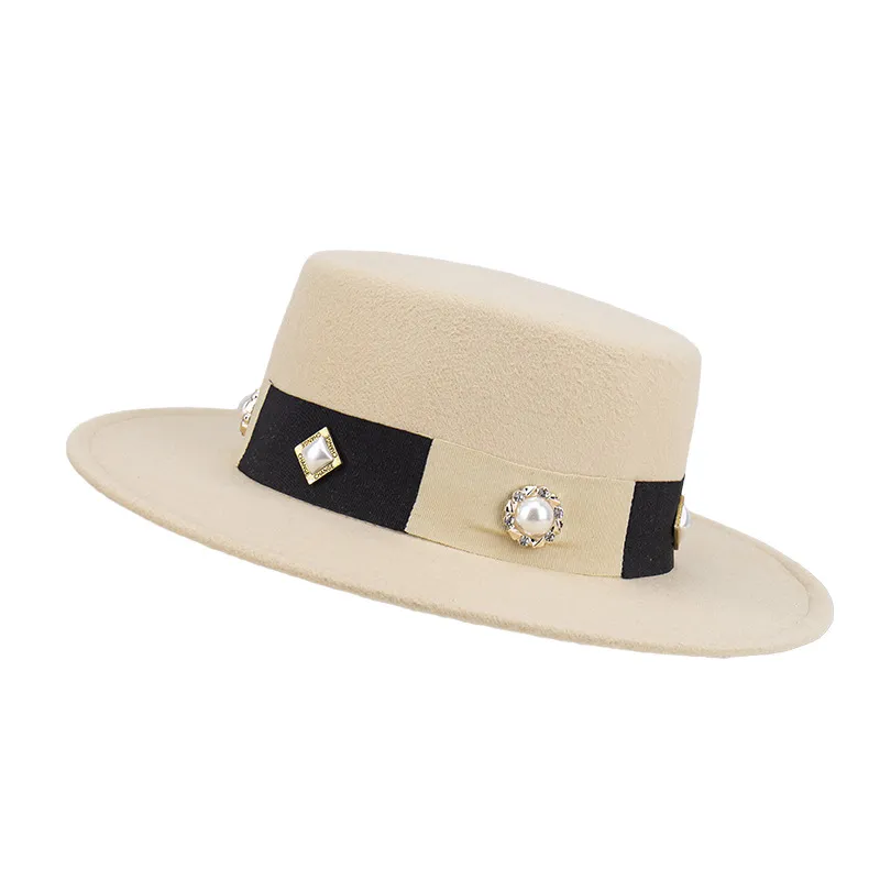 Trendig varm faux ullnit stor pärla bankett jazz topp hatt kvinnor party båt fedora hatt män brittisk cowboy platt mössa