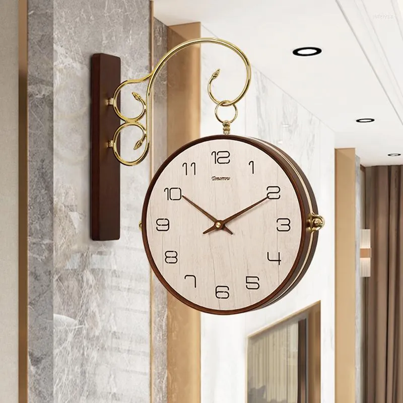 Horloges murales Horloge ronde en bois Double face Design moderne cuisine Horloge Murale Moderne chambre Decorarion