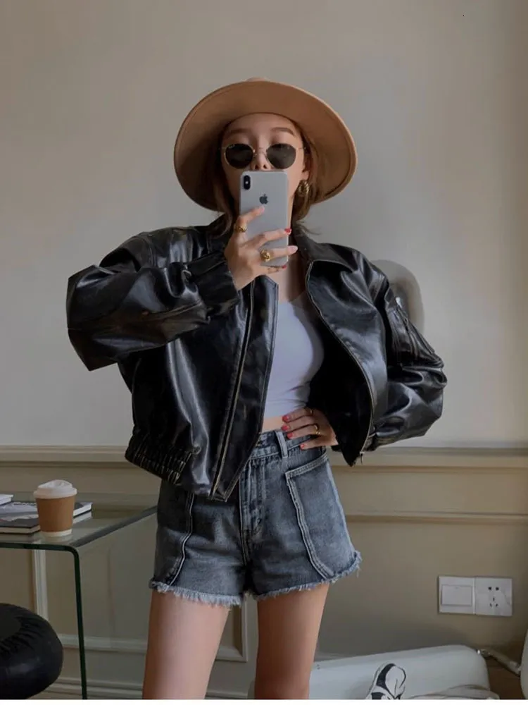 Vintage American Style Leather Short Coat For Women High