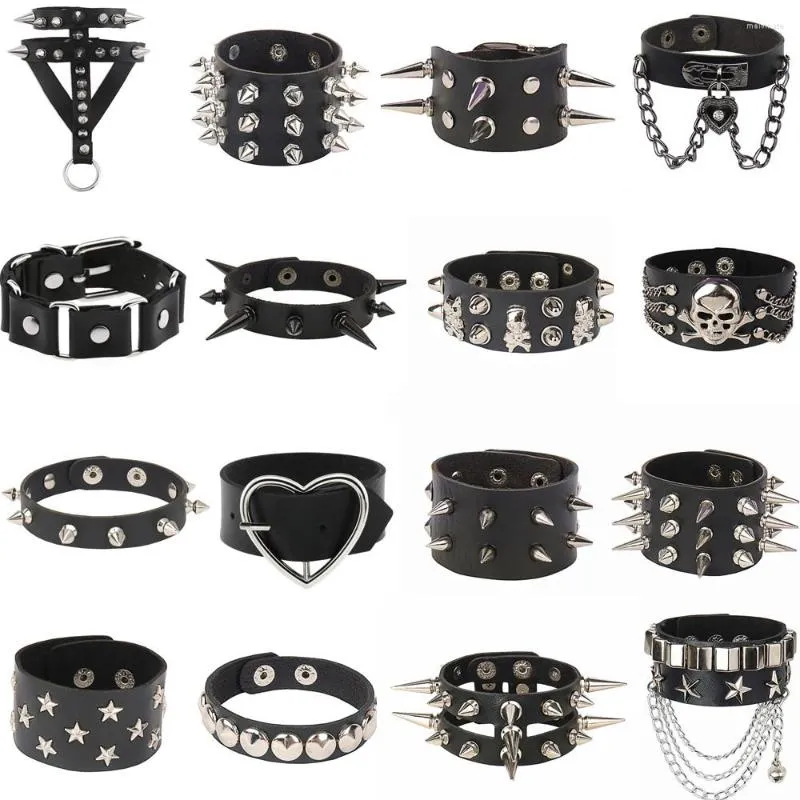 Urok bransoletki diezi punk vintage gotyccy gotyccy mężczyźni nit rivet bransoletka kobiety harajuku czarny pu skórzany łańcuch bangles biżuteria