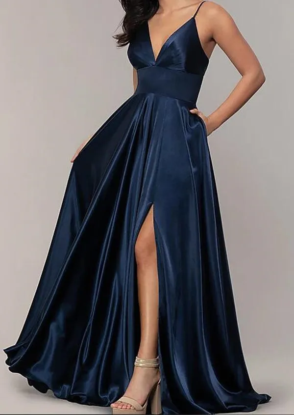 Custom-Made Backless Double Slit Prom Dress with Long Split and Plunging V-Neckline