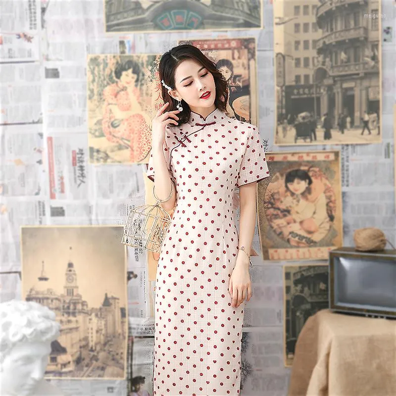 Etniska kläder Sheng Coco Wave Point Silk Pink Chinese Cheongsam kostym Pearl Pankou Söt qipao Vestidos kvinnlig orientalisk festklänning