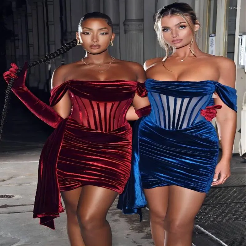 Casual Dresses 2023 Spring Style Ladies Velet Sexy Off The Shoulder Bodycon Mini Dress Strapless Fashion Evening Party Celebrate