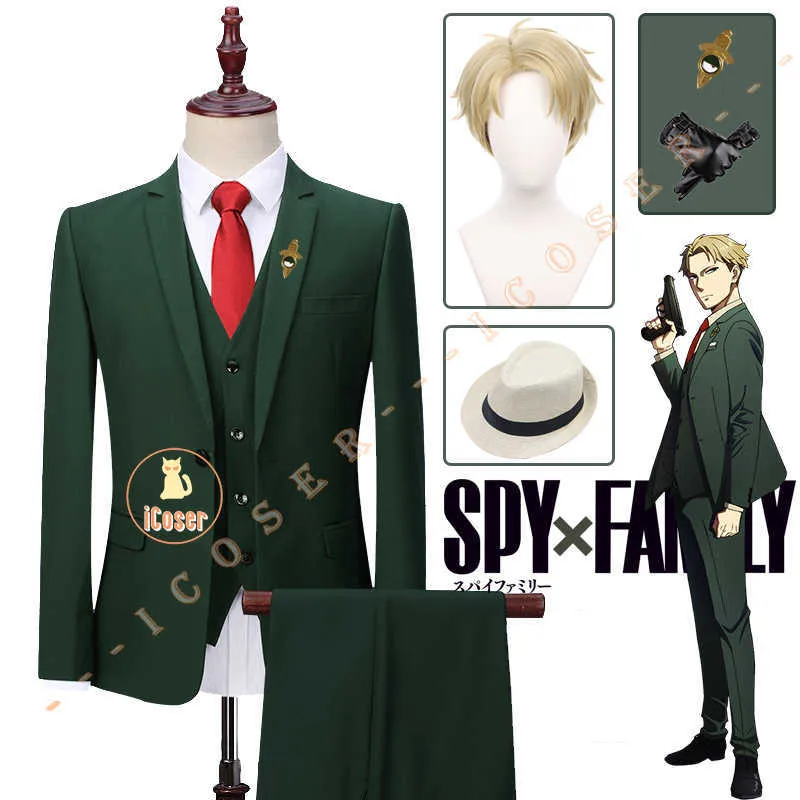Anime Costumes Anime Spy x Family Loid Forger Cosplay Comes Twilight Green Suit Brooch Wig Hat Pants Vest Gloves Outfit Set Men Boys Party Z0301