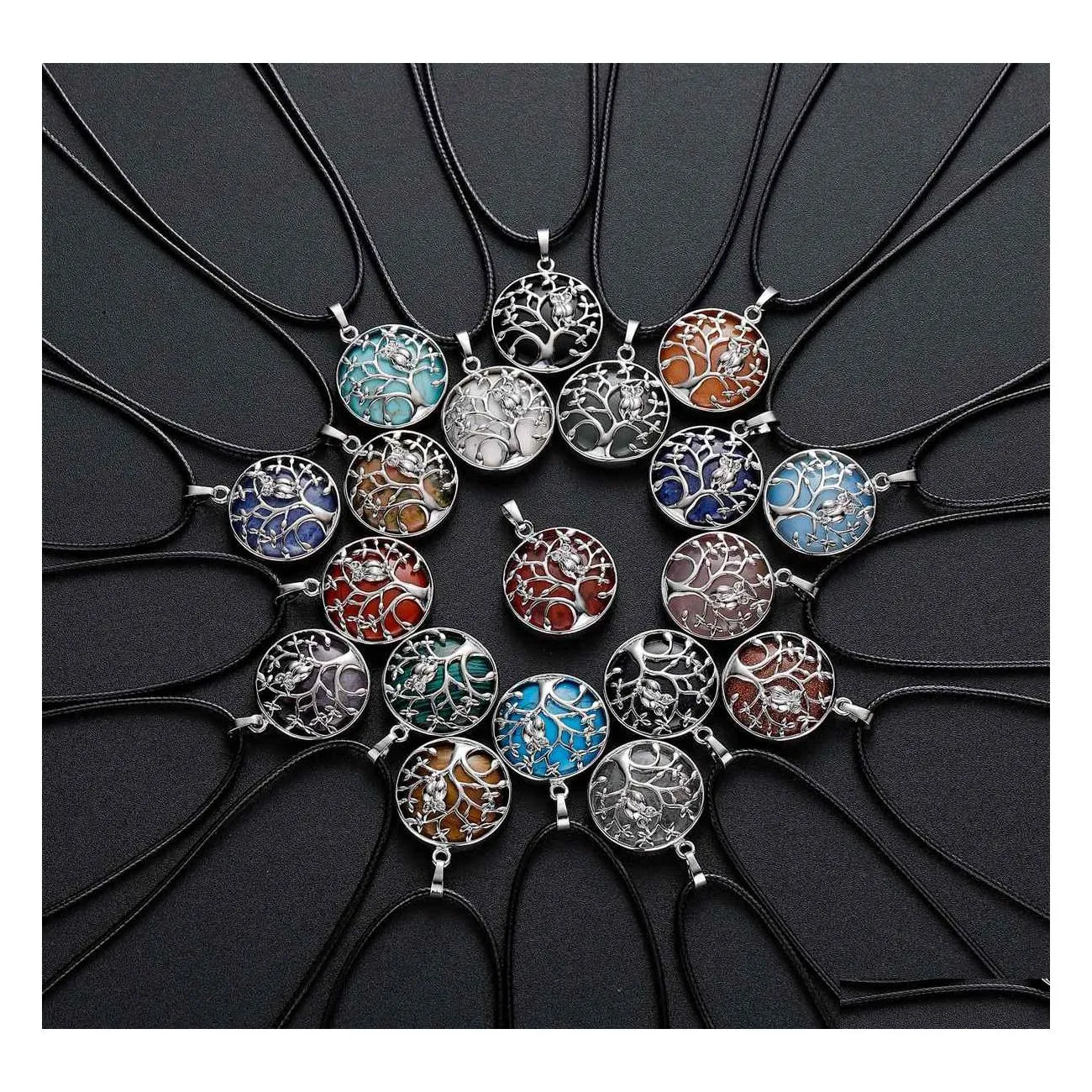Anhänger Halsketten Sterling Silber Eule Baum des Lebens Edelstein Halskette mit 18 Zoll Kette runden Steinen Anhänger für Frauen und Männer Drop D Dhist