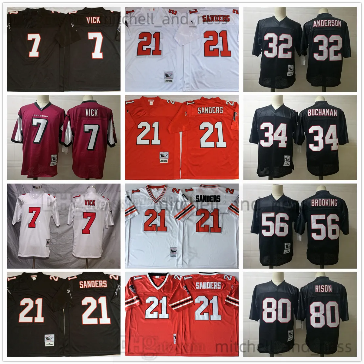 كرة القدم الكلية المرتدة 21 Deion Sanders Jersey Vintage 7 Michael Vick 10 Steve Bartkowski 32 Jamal Anderson 34 Ray Buchanan 56 Keith Broking Andre Rison Jerseys