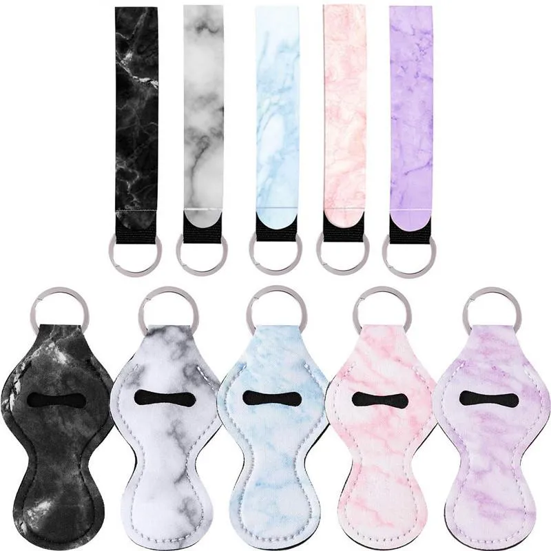 Marbling Chapstick Holder Keychains with Wristlet Lanyard Neoprene Lipstick Holder Keychain Best Party Gifts Wholesale LX0315