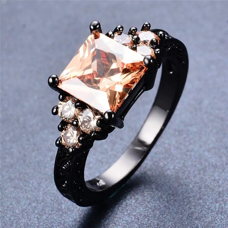 Wedding Rings Luxury Female Champagne Crystal Stone Ring Vintage 14KT Black Gold For Women Charm Square Zircon Engagement