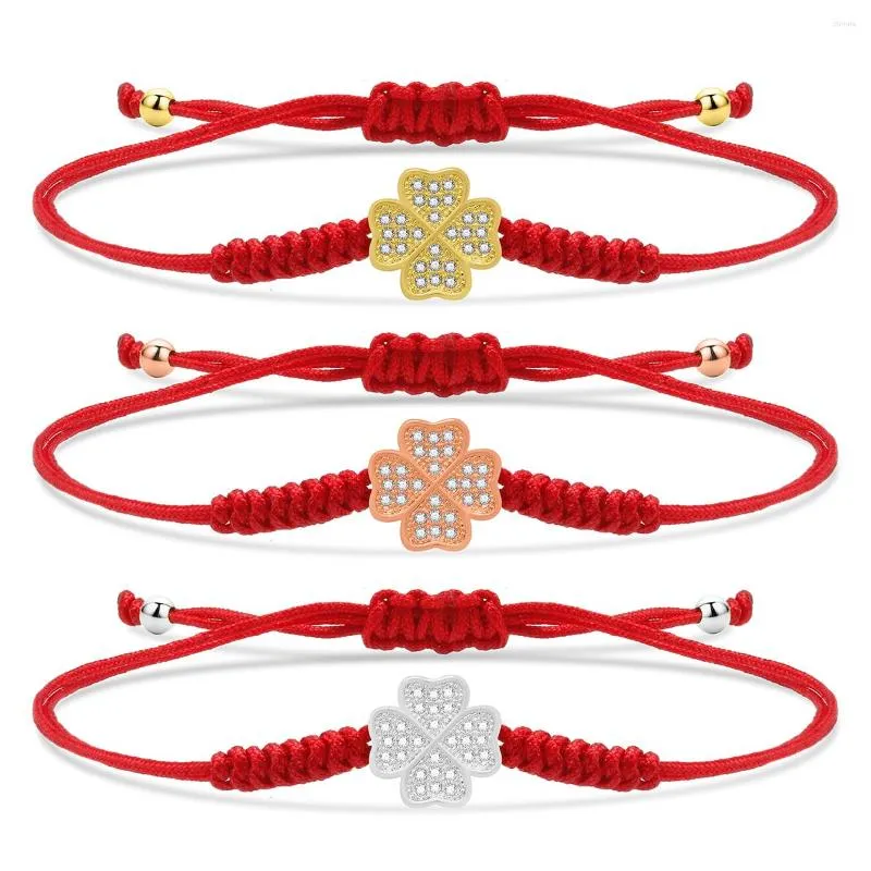 Braccialetti con ciondoli Cristallo bianco con zirconi cubici Bracciale con trifoglio a quattro cuori adorabile Donna con nodo fortunato tibetano Regalo di gioielli fatti a mano con cordino rosso