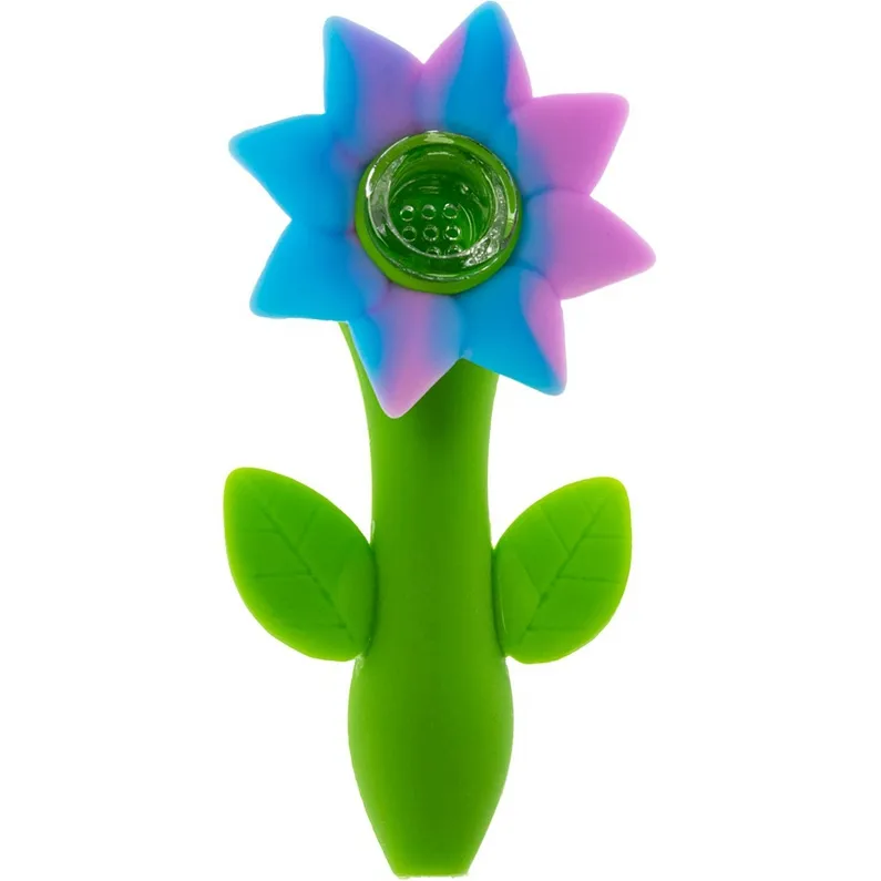 Dernières tuyaux de style de fleur de silicone coloré Herb Tabac Huile Rigs Verre Trou Filtre Bol Portable Handpipes Fumer Cigarette Main Titulaire Tube