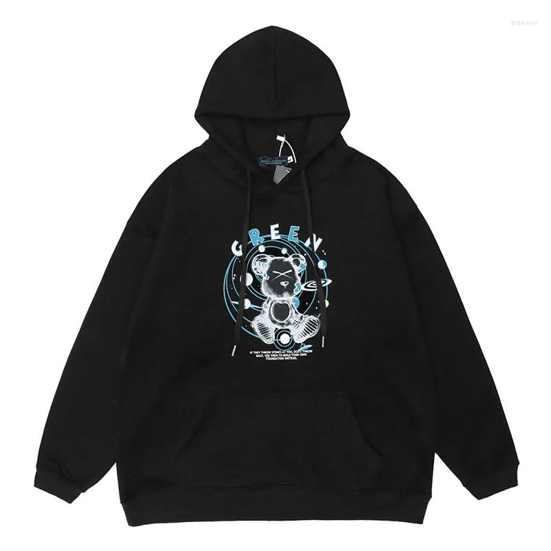 Erkek Hoodies 2023 Erkek Harajuku Ter Gezegen Çıkartma Ayı Baskı Kapşonlu Külot Hip Hop Gündelik Polar Hoodie Moda Sokak Giysesi