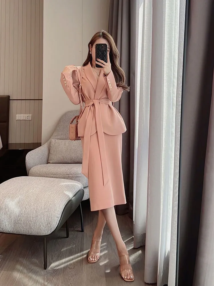 Two Piece Dres's Fashion Highend Professional Blazer Coat Twopiece Korean Spring Fall Elegant Suit Jacket Skirt Set Female Casual 230307