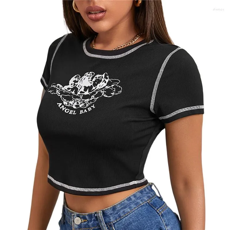 T-shirts pour femmes Xingqing femmes petit ange imprimé hauts courts à manches courtes col rond point T-shirts été Y2k Slim t-shirt haut