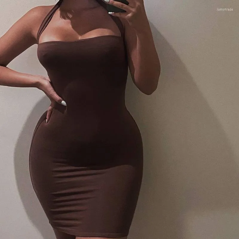 Casual Dresses Y2k Aesthetic Sexy Halter Backless Dress 2023 Summer Women Brown White Off Shoulder Sleeveless Party Club Bodycon Mini