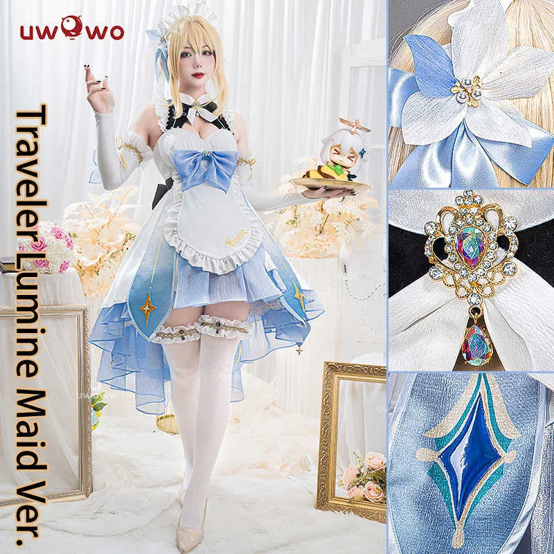 Anime Costumes In Stock UWOWO Game Genshin Impact Traveler Lumine Cosplay Come Fanart Maid Ver Lumine Cosplay Maid Dress Halloween Come Z0301