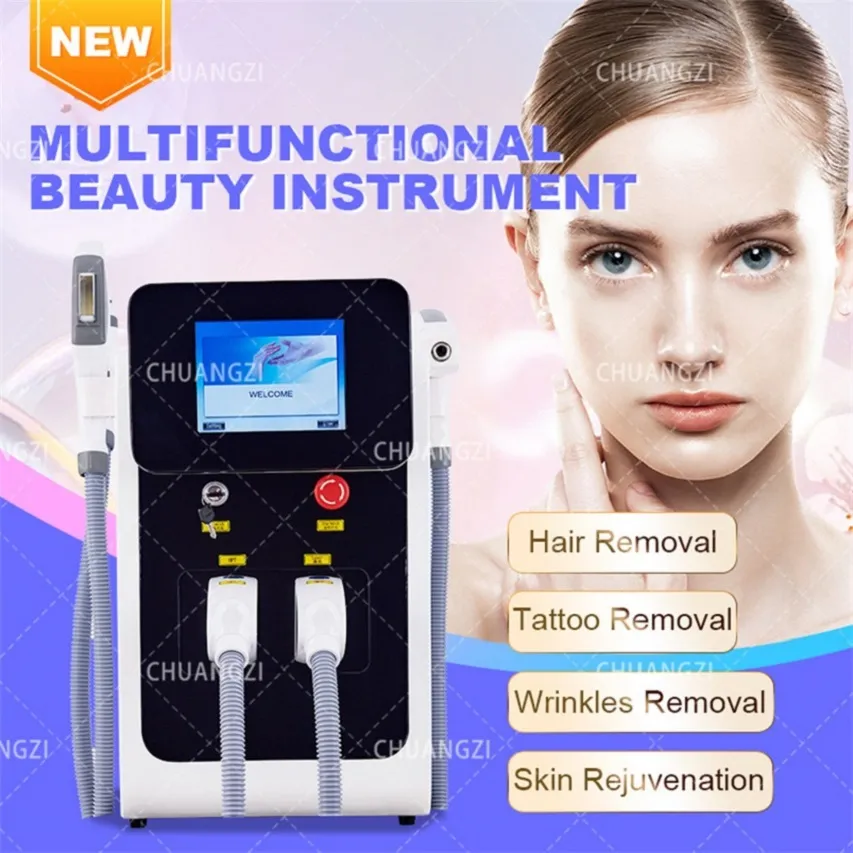 しわ除去ピコ秒レーザー3IN1 E-Light EpilationIPL RFハンドルダイオードヘア顔料タトゥー除去レーザー装備