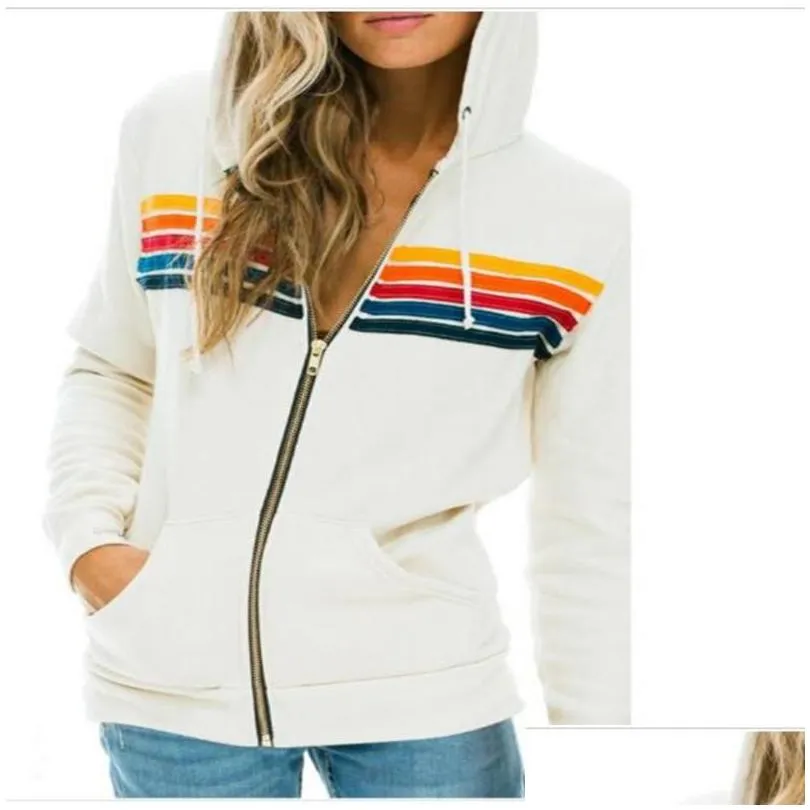 zipup jacket women rainbow stripe splicing hoodies long sleeve casual slim hooded sweatshirts autumn fashion europeusa style