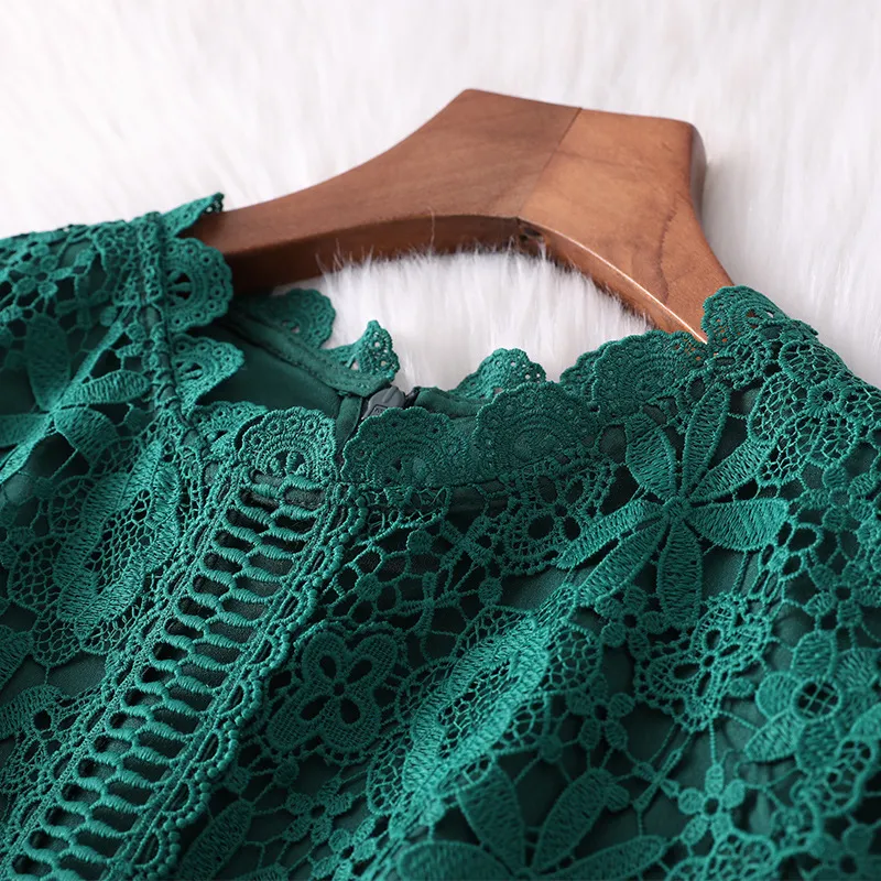 2023 Summer Green Panelled Floral Lace Dress Short Sleeve Round Neck Hollow Out Midi Casual Dresses M3M036353