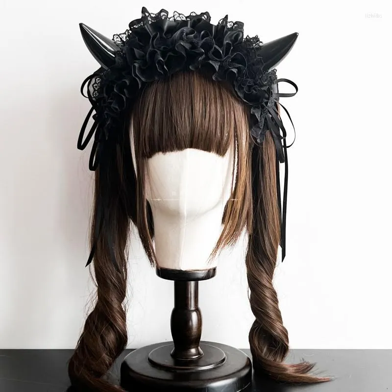 Articoli per feste Ragazza gotica Lolita KC Fascia per capelli con corna da diavolo multicolore Accessori per capelli in pizzo multistrato per cosplay da donna Halloween