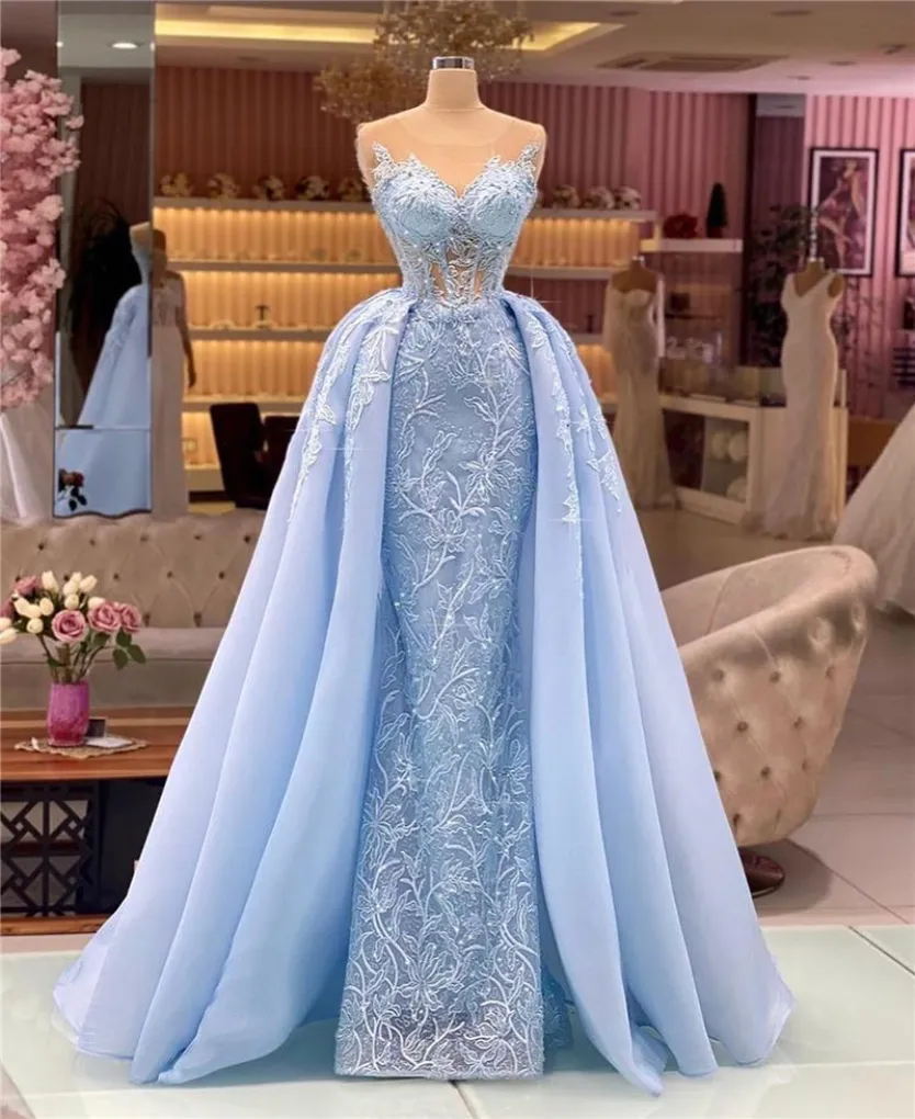 Stunning Light Sky Blue Mermaid Prom Dresses With Detachable Skirt Sexy Backless Illusion Appliques Beads Sequins Long Occasion Evening Gowns BC15373