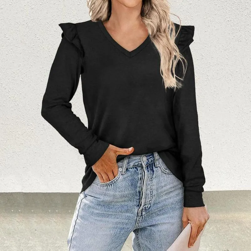 Women's Blouses T-shirt Top V Neck Flying Shoulder Lady Blouse Long Sleeves Women Fall Winter Solid Color Slim Pullover Camisetas