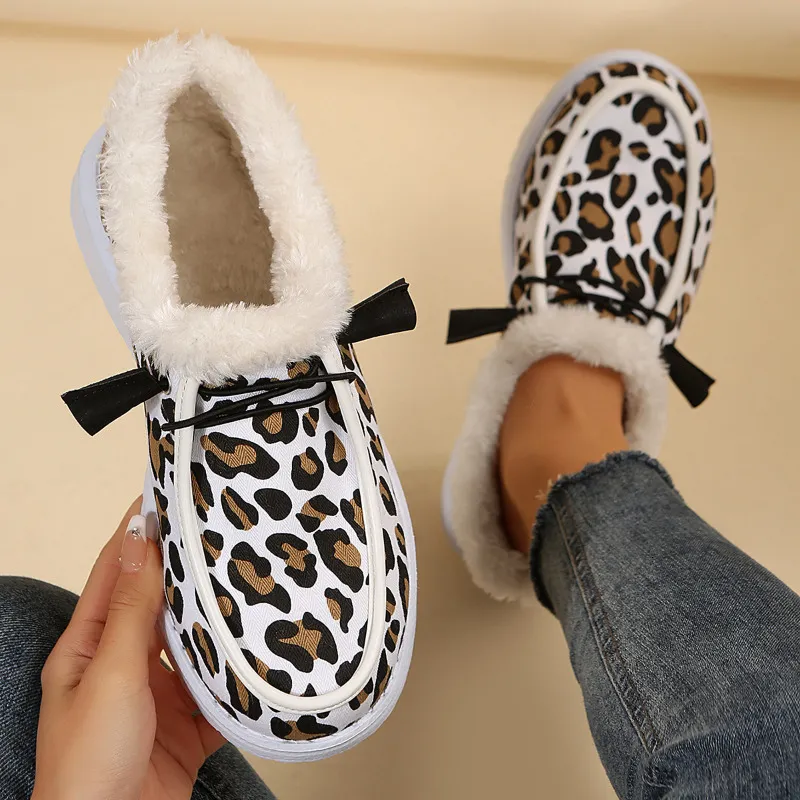 Dress Shoes Winter Warm Plush Vulcanize Sneakers Fur Mocassin Loafers Leopard Print Shoe Comfort Flats Slip on Chaussure Femme 230307