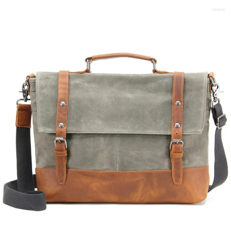 Briefcases Vintage Canvas Men Briefcase Working Travel Male Laptop Bag High Quality Leather Shoulder Support Drop
