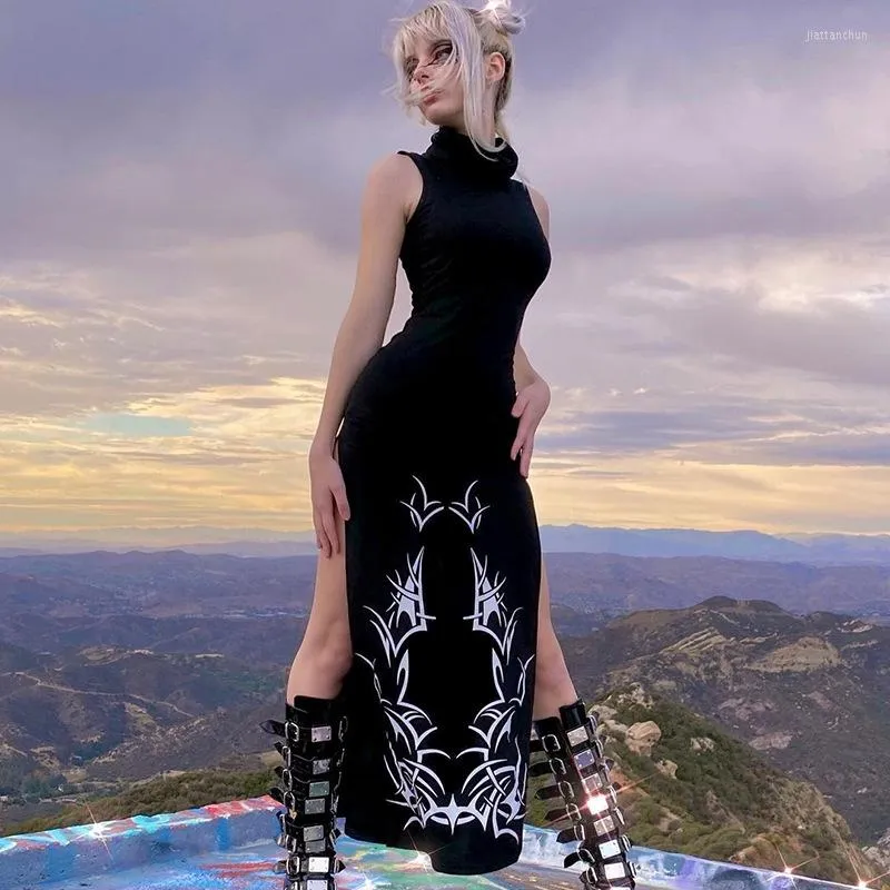 Lässige Kleider Goth Rollkragen Gothic Punk Schwarz Midi Dark Grunge Ästhetisch Slim Print Frauen Praty Kleid Sexy Emo Clubwear Alt Kleidung