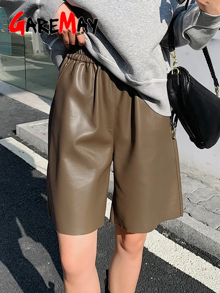 Damen-Shorts, koreanisches schwarzes Leder, knielange Shorts für Damen mit Taschen, hohe Taille, lockeres, weites Bein, lange Damen-Shorts, Kunstleder, 230306