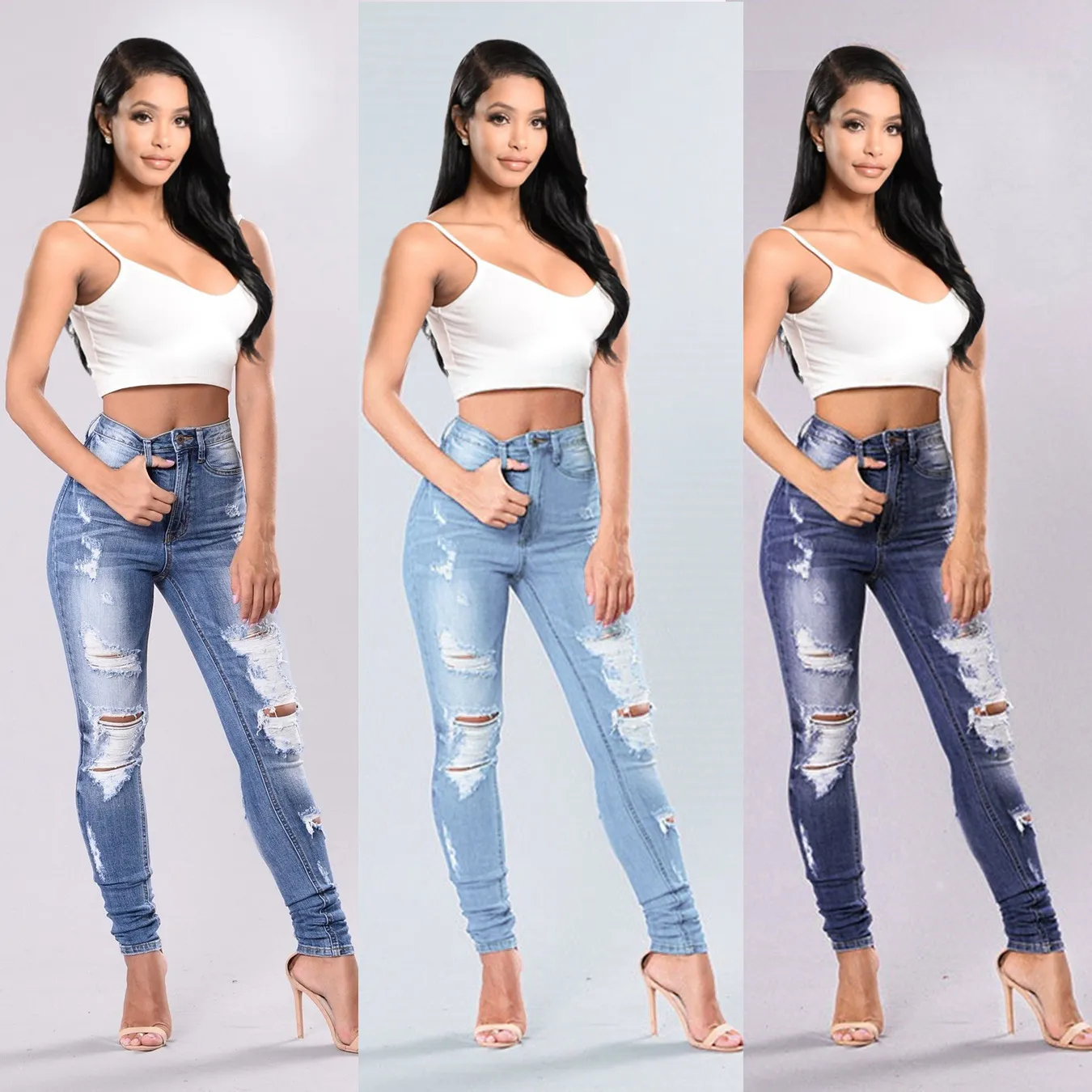 Hellblaue sexy dünne Damen-Jeans, Stretch-Butt-Lift, zerrissene Loch-Jeans, Damenkleidung, Mädchen eng