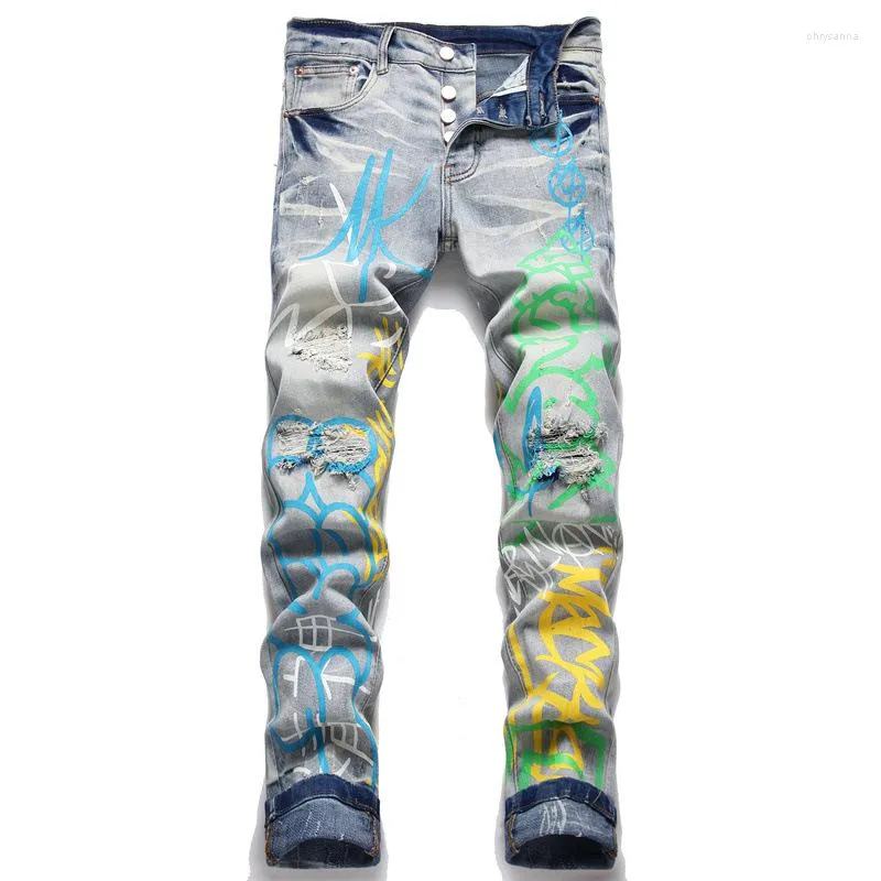 Men's Jeans Men Doodle Print Stretch Denim Streetwear Holes Ripped Distressed Pants Slim Straight Trousers