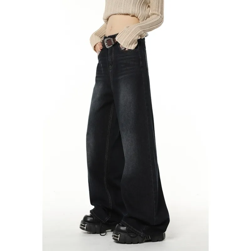 Women's Jeans Navy Blue High Waist Women American Fashion Vintage Streetwear Style Wide Leg Jean Female Denim Trouser Baggy Pants 230306
