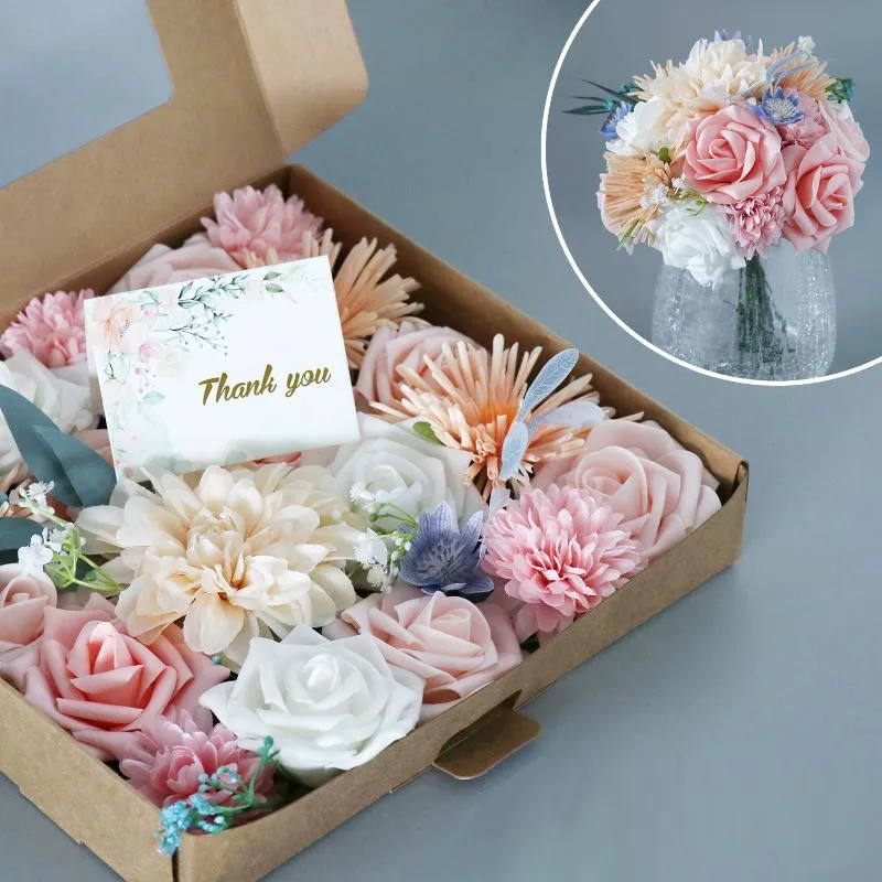 Dekorativa blommor kransar Artifical Silk Roses Box Pink Rose Dahlias Babysbreath Flower Gift Wedding Decoration Diy Valentine's Day Bouqu