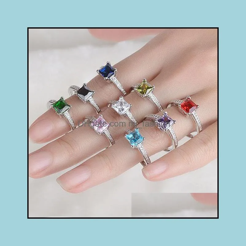 Bagues de cluster Square Zicron Bague Sier Plaqué Fantasy Colorf Amitié Patery Bijoux Cadeau Dames Fille Taille 5 6 7 8 9 10 Dro Dhnah