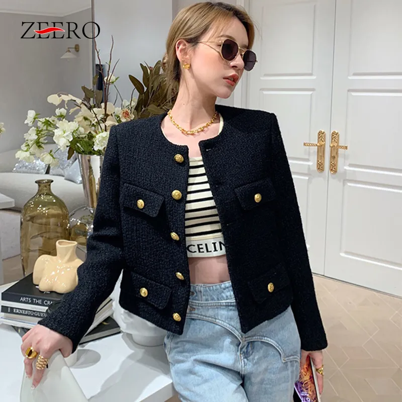 Women's Jackets Designer Button Single Breasted Short for Women Vintage Elegant Black O Neck Tweed Outerwear Ladies Coat Winter Clothes 230306