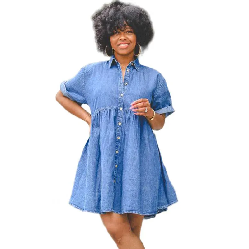 Women Shirts Casual Dresses Jeans Loose Short Sleeve Button Down Flowy Tiered Babydoll Denim A Line Mini Dress