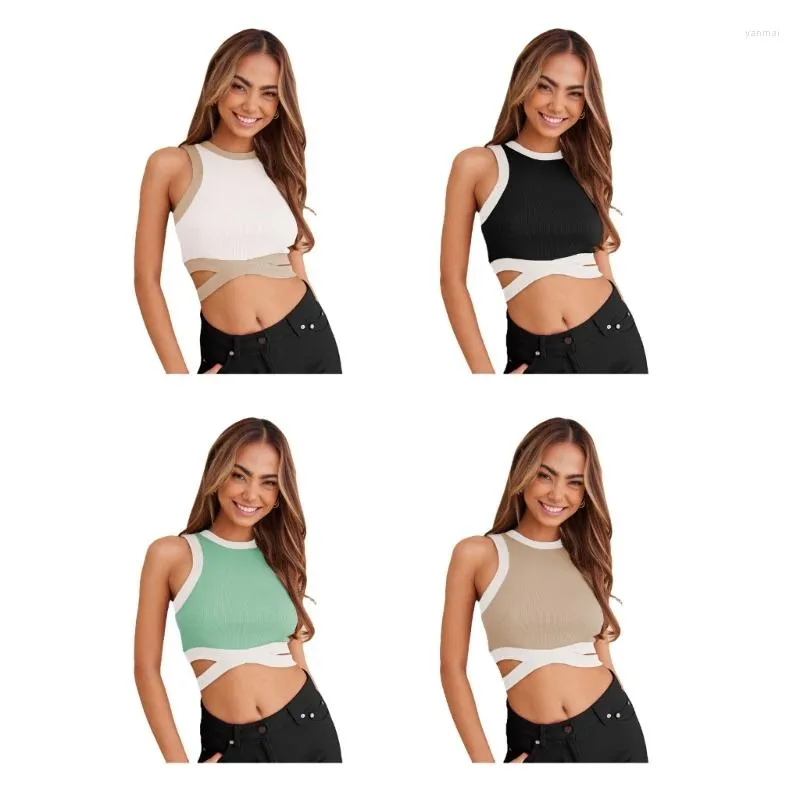 Women's Tanks 40GC Womens Summer Halter Crop Top Sleeveless Crisscriss Tie Back Slim Shirts Ribbed Knit Colorblock Racerback Vest