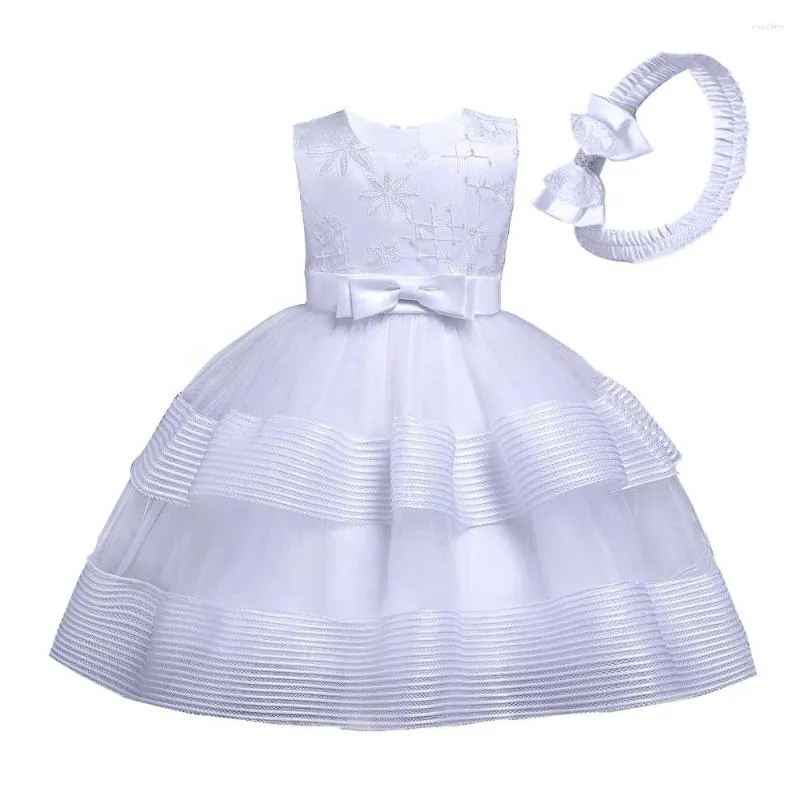 Girl Dresses HG Princess White Kids Party For Baby 1 Year Knee-Length Sleeveless Ball Gowns Children Girls Bow Frist Communion Dress