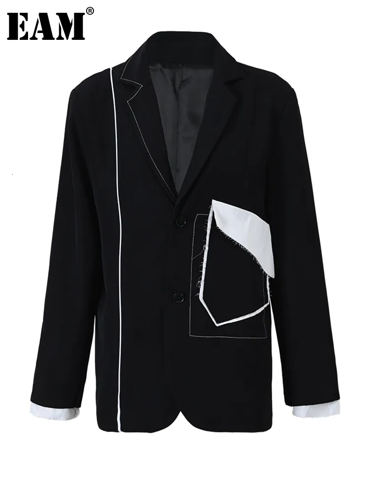 Damespakken blazers eam dames zwart zak bovenaanval big size blazer revers reve lapel los fit jas mode veer herfst 12a5251 230306