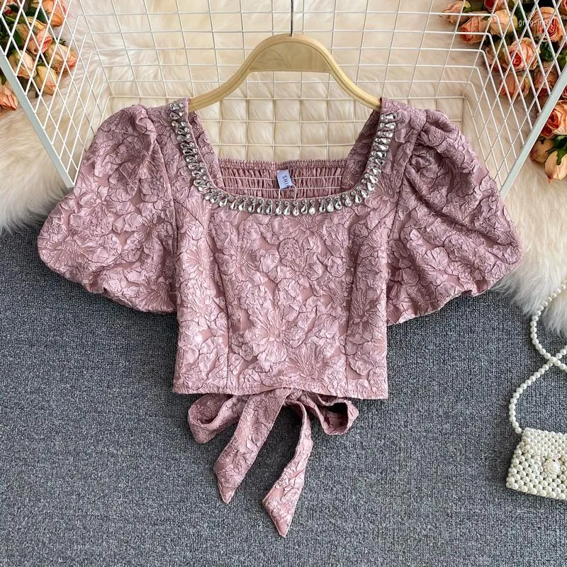 Women's Blouses Lace Up Bow Taille Short Women Gemstones Neck Crop Tops Womine Square kraag dobby shirts