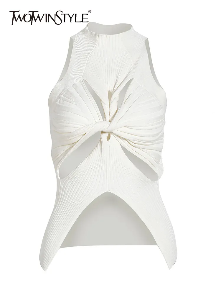 Kvinnors tankar Camis Twotwinstyle Sexig Cut Out Vest för kvinnor Rund krage ärmlös solid minimalistisk stickvästar kvinnliga sommarkläderstil 230307